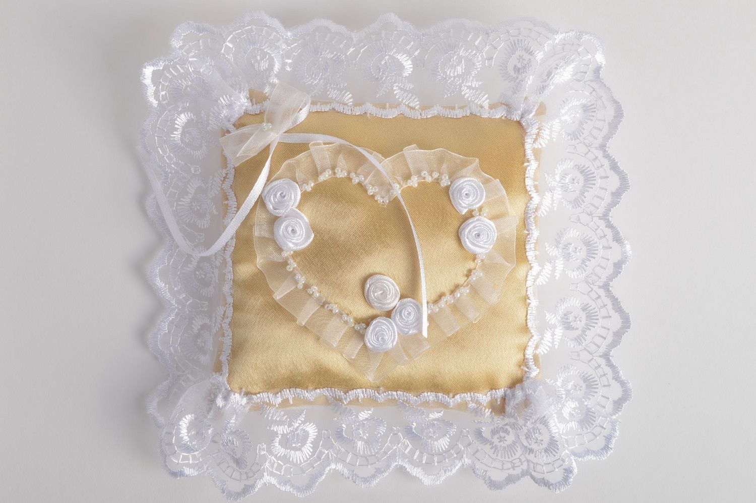 Beautiful beige handmade designer satin ring bearer pillow with lace photo 2