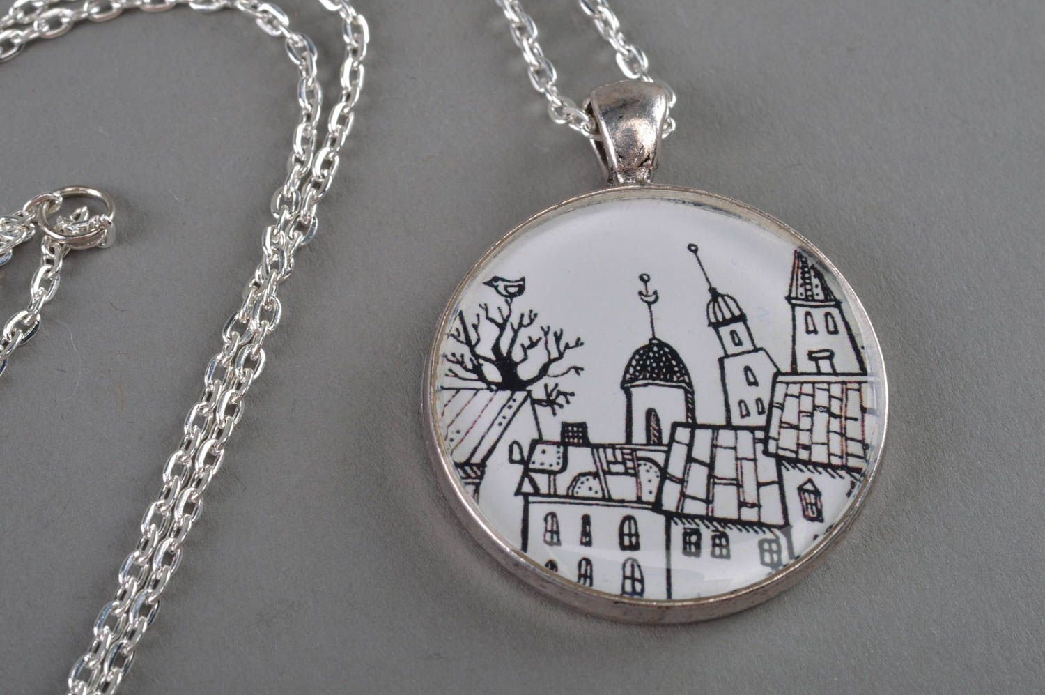 Handmade round decoupage pendant necklace with jewelry resin on metal chain photo 2