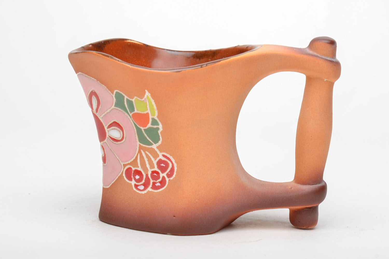 8 oz clay handmade art drinking cup with a wide handle and floral pattern photo 2