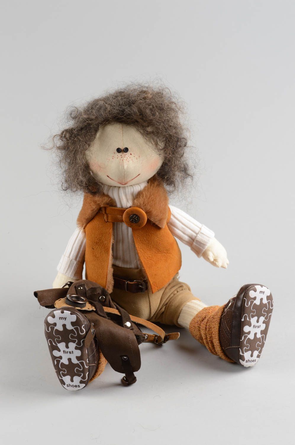 Designer stylish unusual handmade beautiful textile doll made of linen Pilot photo 5