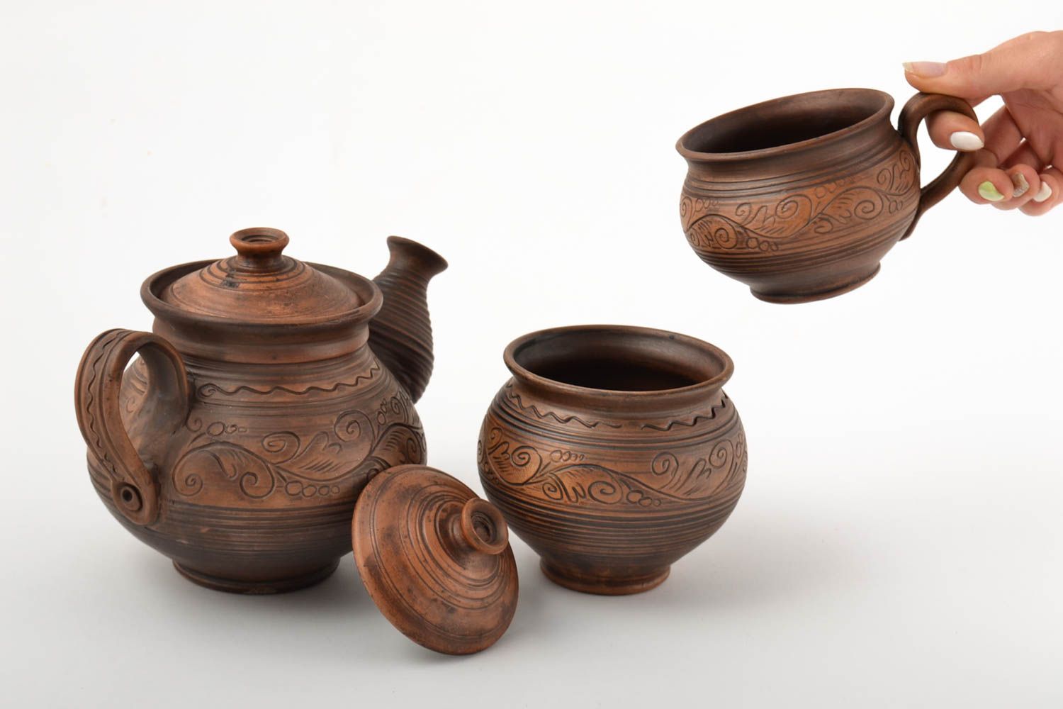 Stylish kitchenware designer handmade tea set clay lovely home decor 3 items photo 5