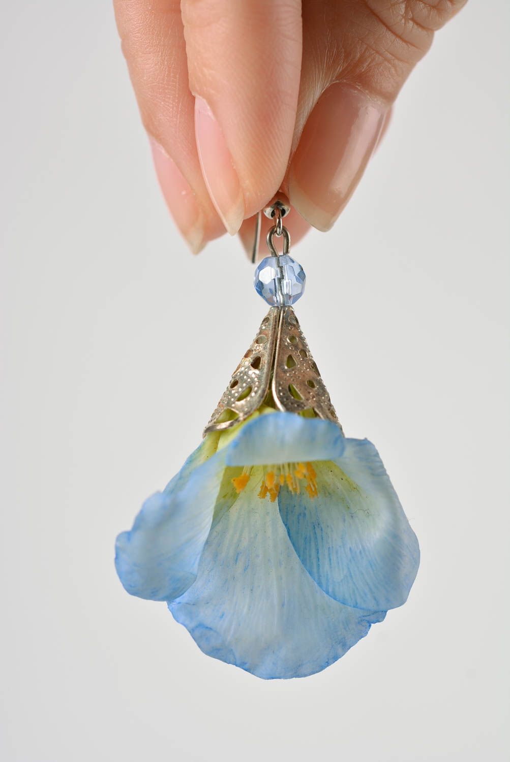 Homemade designer dangling earrings with blue flowers molded of polymer clay photo 4