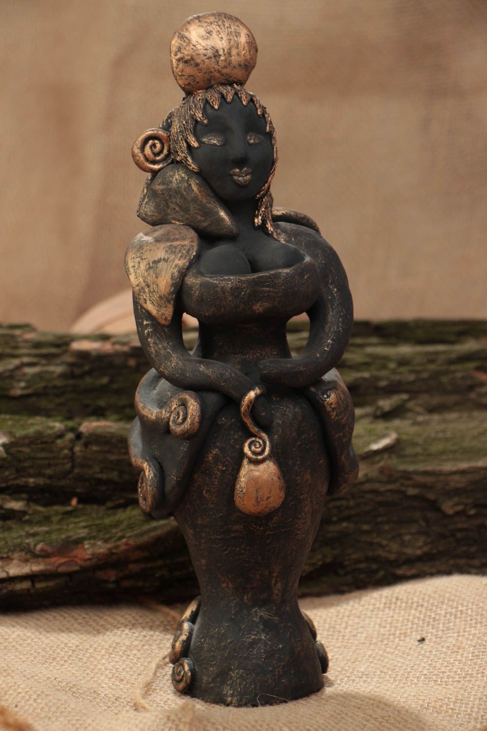 Unusual black handmade designer painted ceramic statuette of woman photo 1