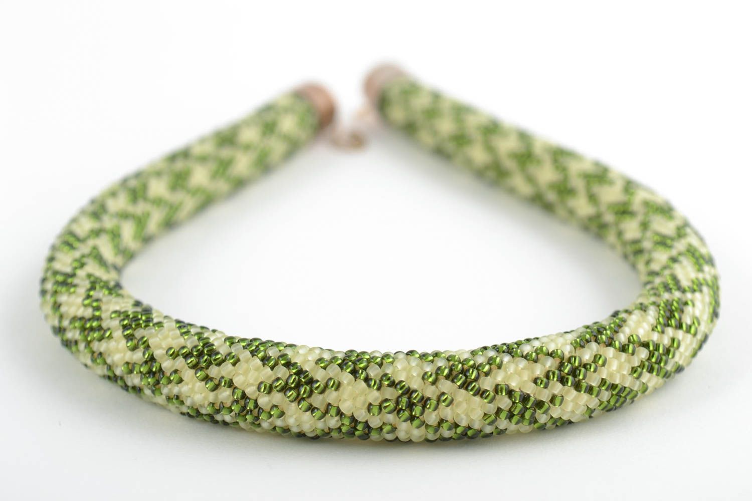 Beige and green handmade beaded cord necklace with geometric pattern photo 5
