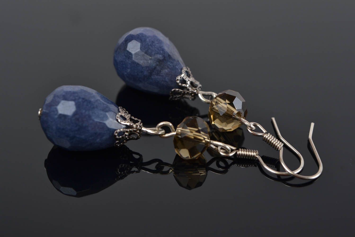 Designer cute handmade beautiful blue unusual earrings made of Czech glass photo 1