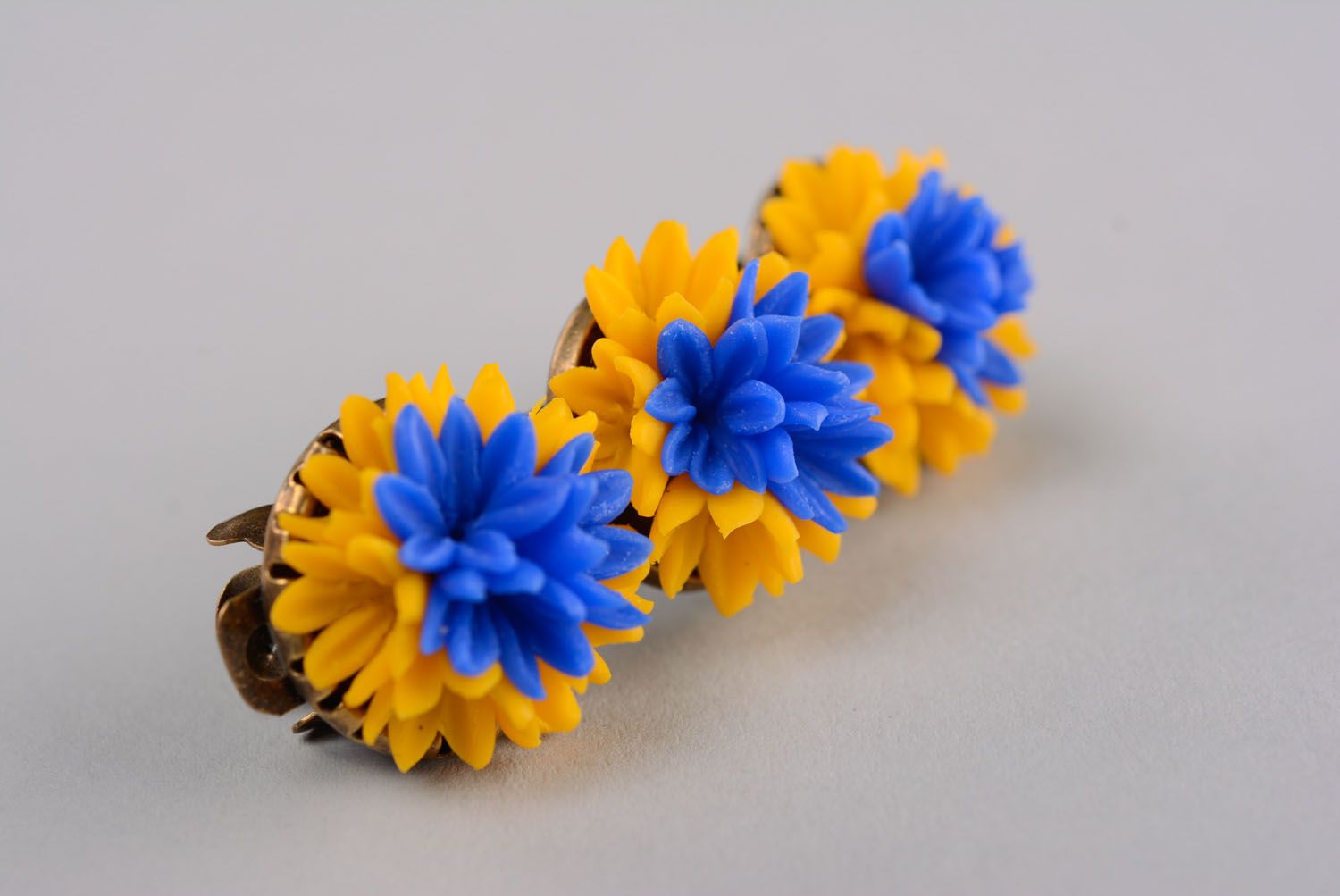 Polymer clay automatic hair clip Yellow and Blue photo 1