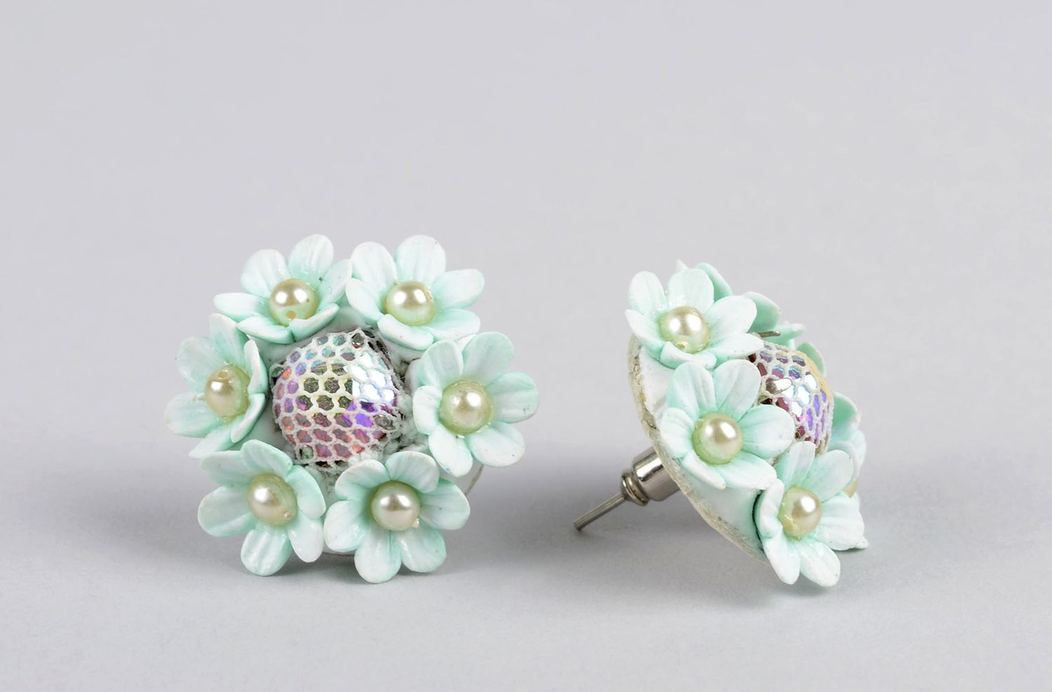 Handmade stud earrings made of polymer clay plastic earrings flower jewelry photo 3