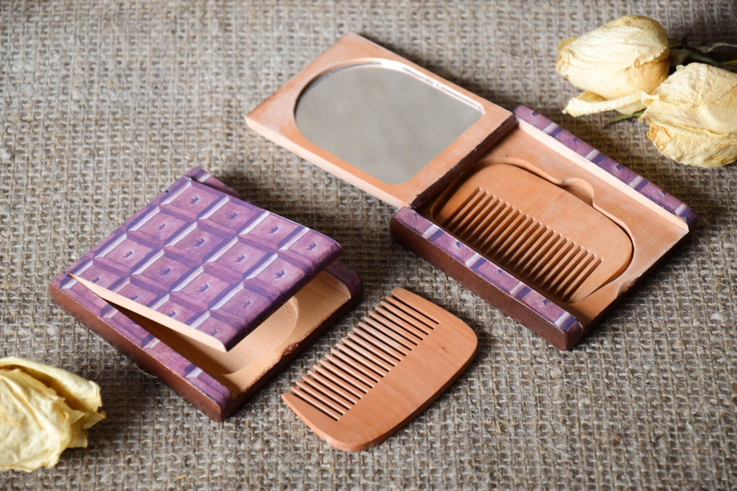 Handmade wooden hair comb hand mirror with decoupage nice present for women photo 1