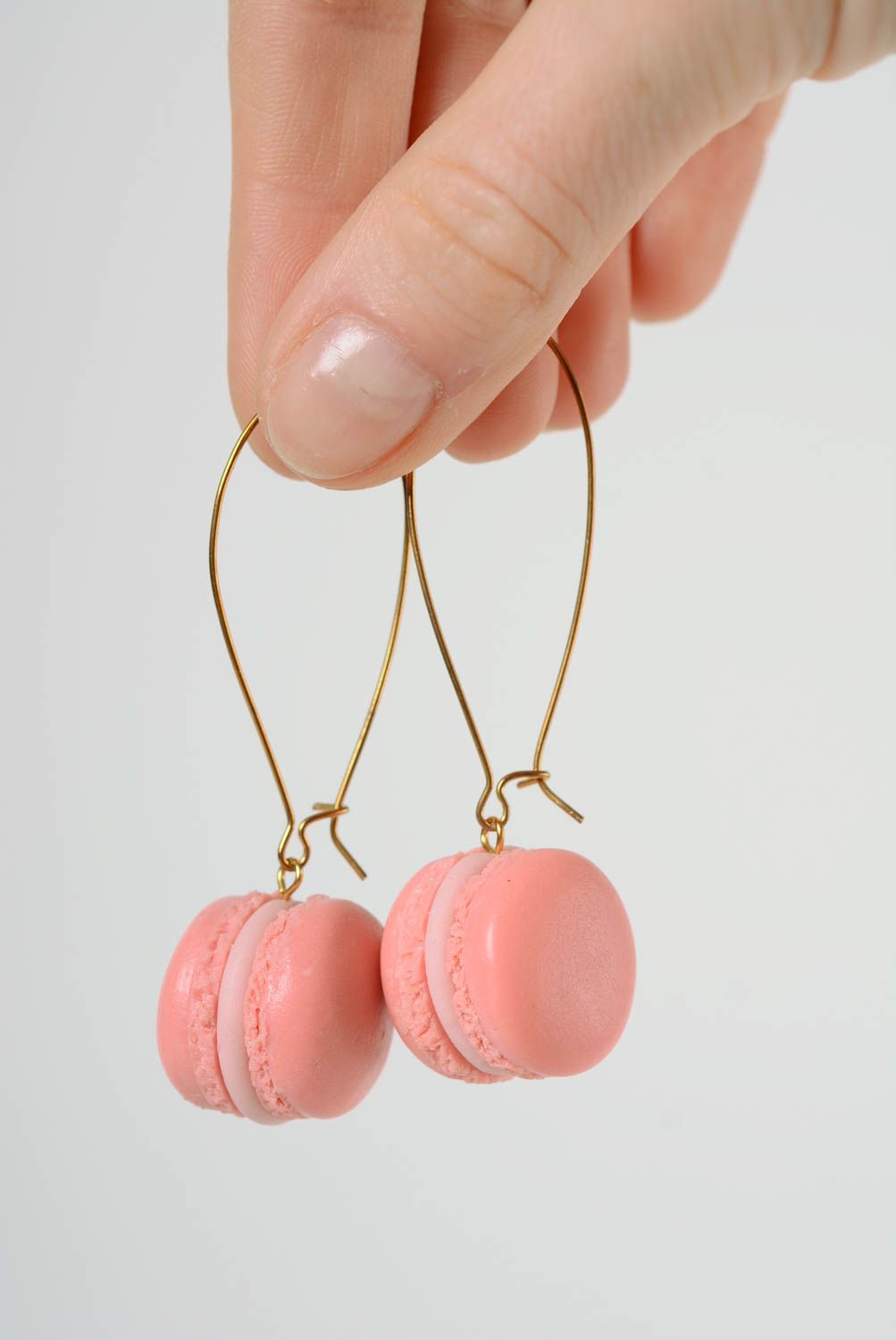 Handmade polymer clay dangling earrings pink macaroons  with long ear wires photo 3