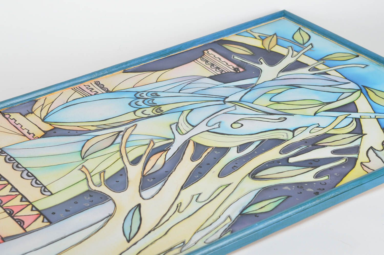 Tableau triptyque abstrait batik à froid sur tissu fait main tons bleus photo 5