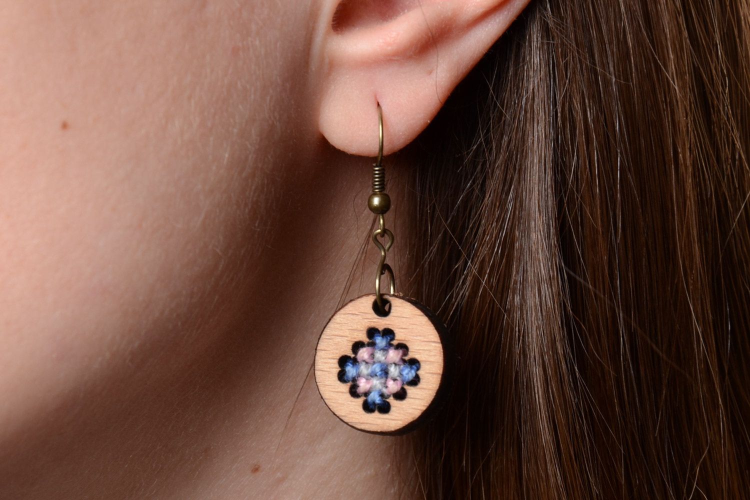 Handmade plywood stylish designer's earrings with cross-stitch embroidery in eco style photo 4