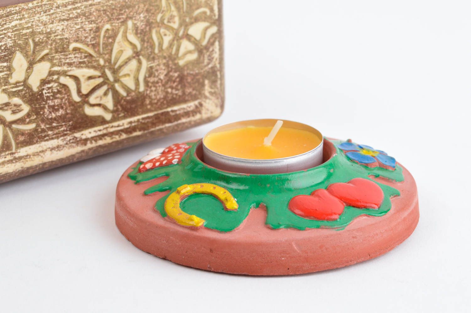 Flat handmade plaster tea light candle holder in childish style 0,79 inches, 0,22 lb photo 1