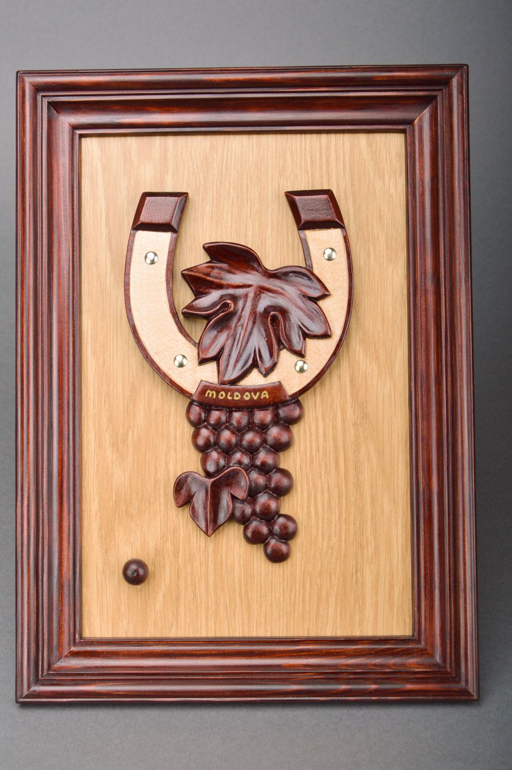 Handmade decorative brown wooden wall panel with bunch of grapes with frame photo 2