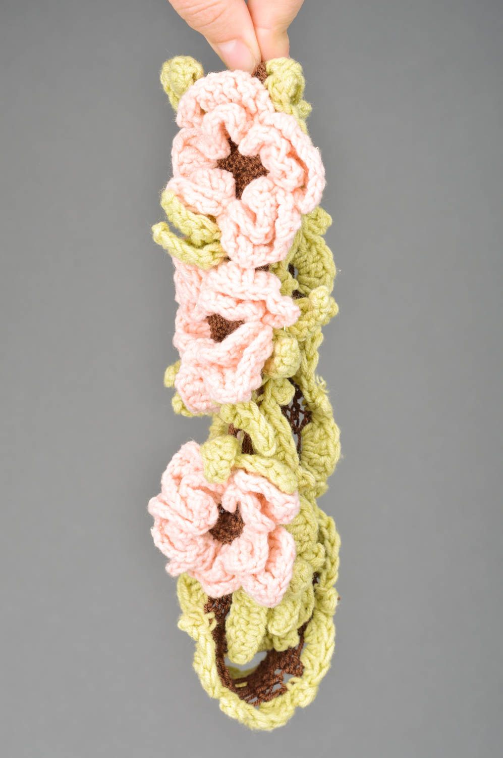 Delicate handmade head band crocheted beautiful female hair accessory with flowers photo 3