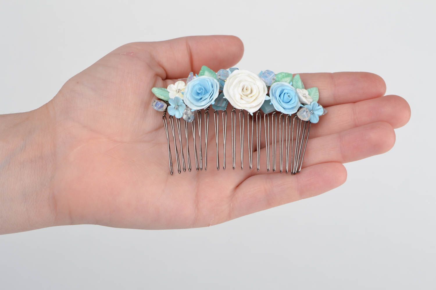 Handmade decorative hair comb with polymer clay blue flowers and moon stone photo 2