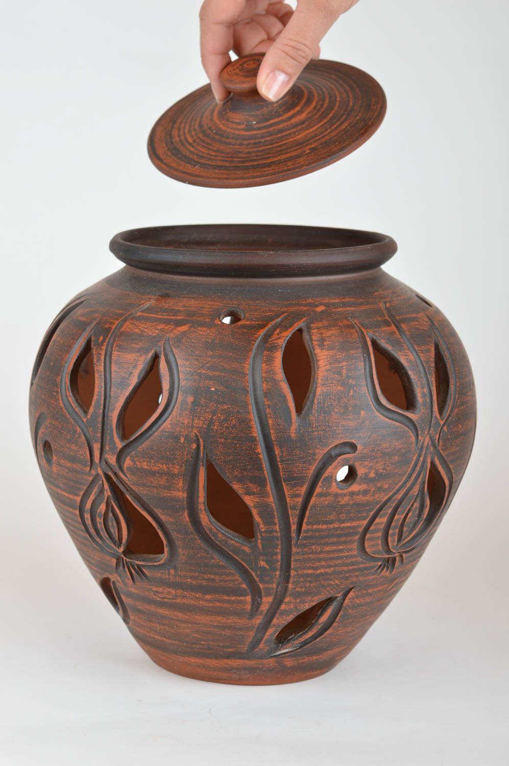 Pot avec couvercle en terre cuite fait main marron ajouré décoratif original photo 3