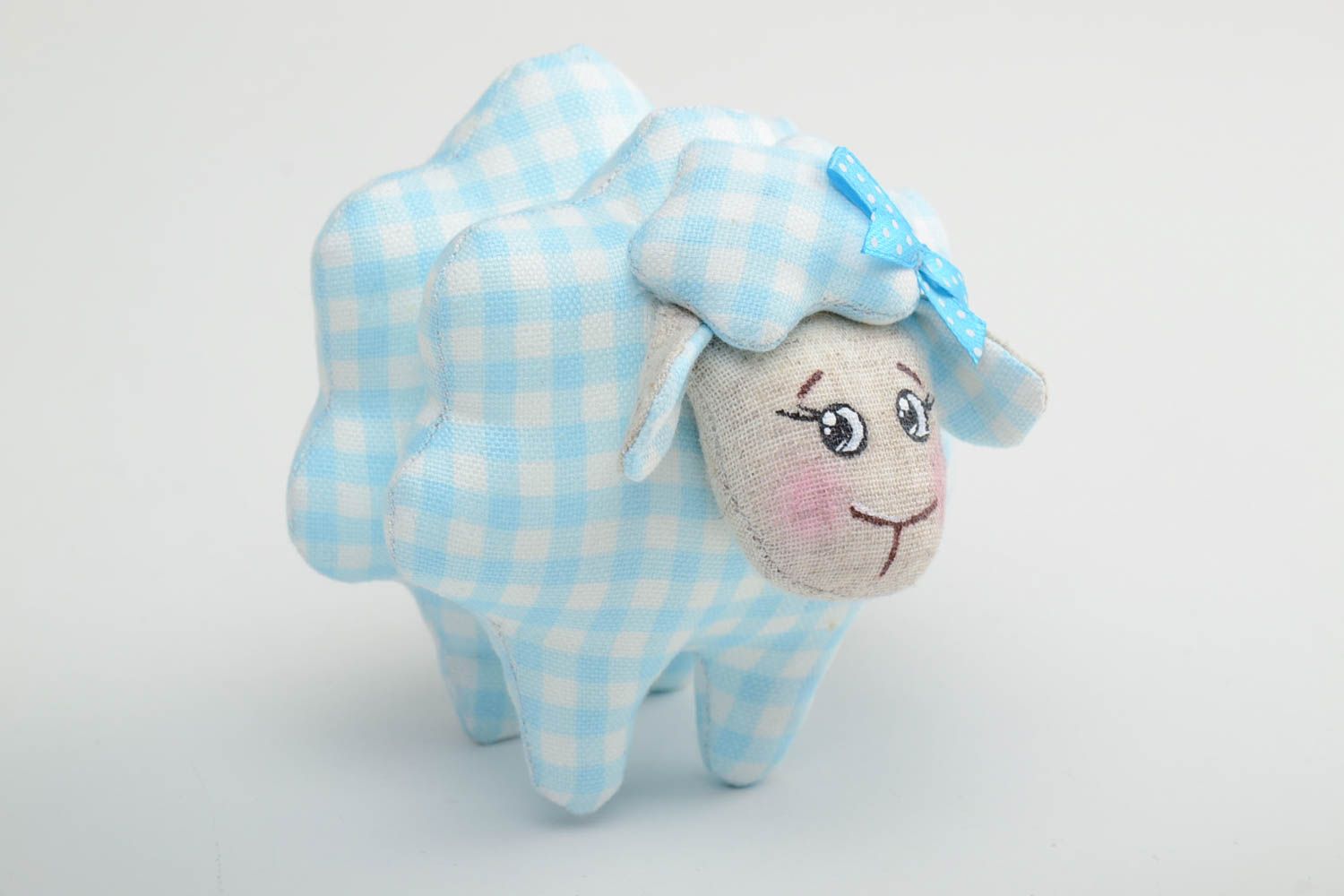 Handmade small checkered linen fabric soft toy blue lamb painted with acrylics photo 2