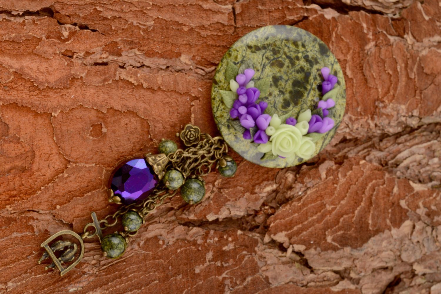 Broche redondo con colgante con piedra natural hecho a mano hermoso jadeíta  foto 5