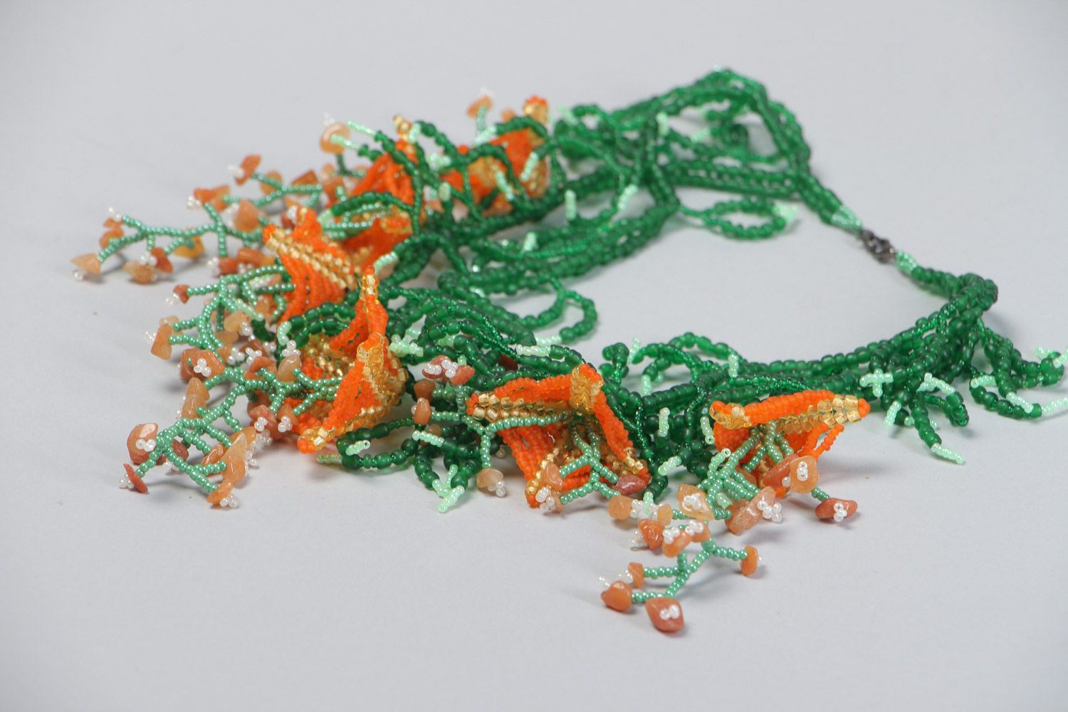 Handmade volume beaded necklace with natural stones in green and orange colors photo 3