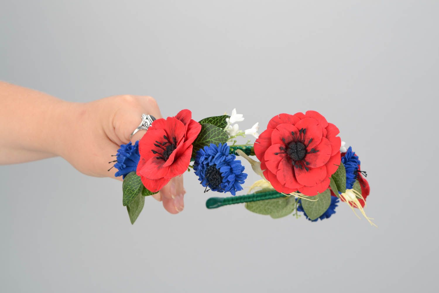 Serre-tête fleurs bleu rouge fait main photo 2