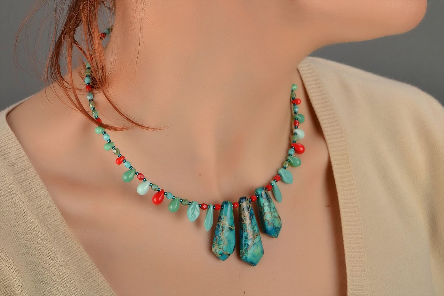 Glas Collier aus Variscit handmade Halskette türkisblau Designer Frauen Schmuck foto 5