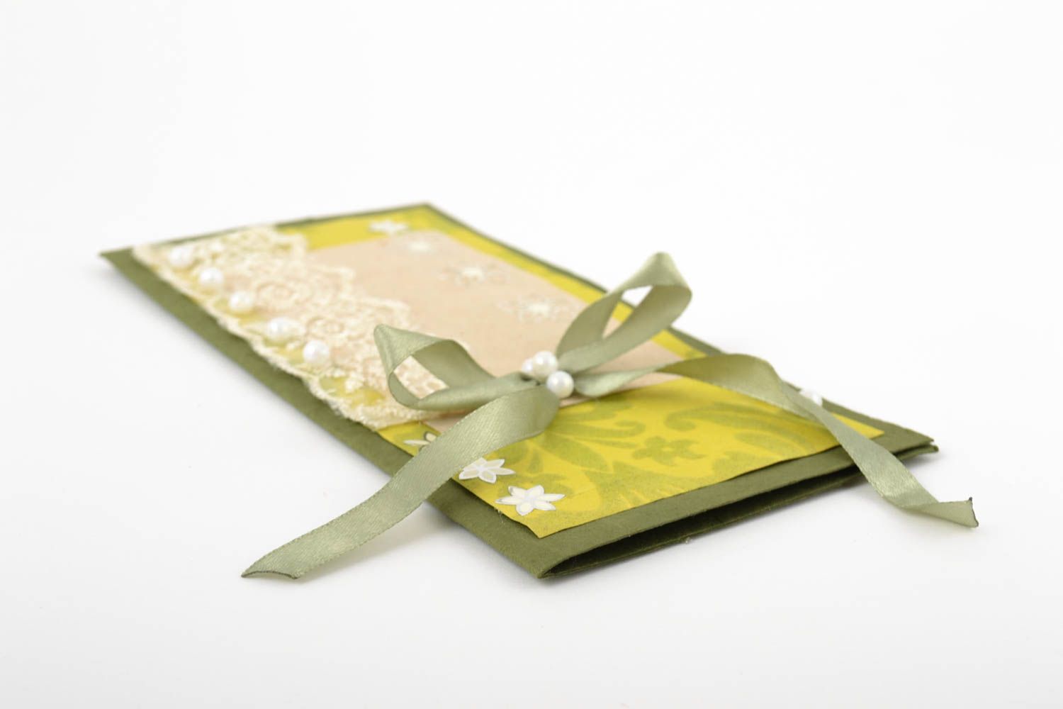 Carte de voeux faite main verte en carton avec noeud Petit cadeau original photo 2