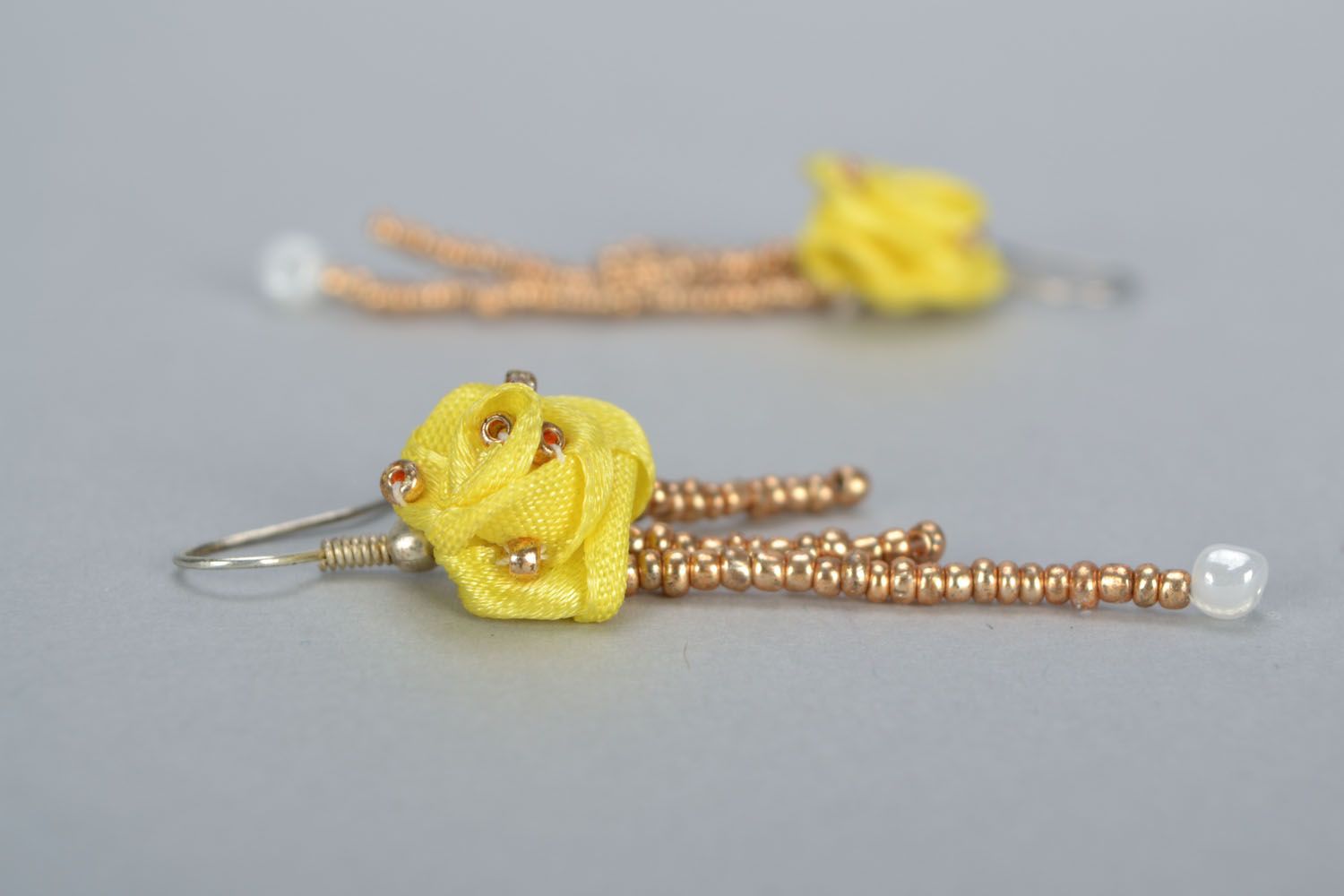 Long beaded earrings made of fabric Yellow Rose photo 4
