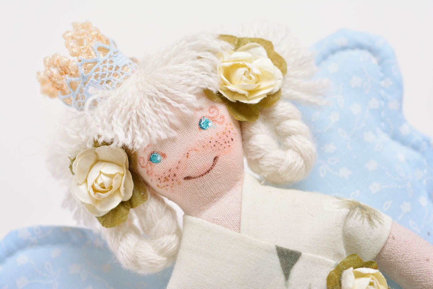 Handmade designer fabric soft doll angel girl with blue wings and crown photo 2