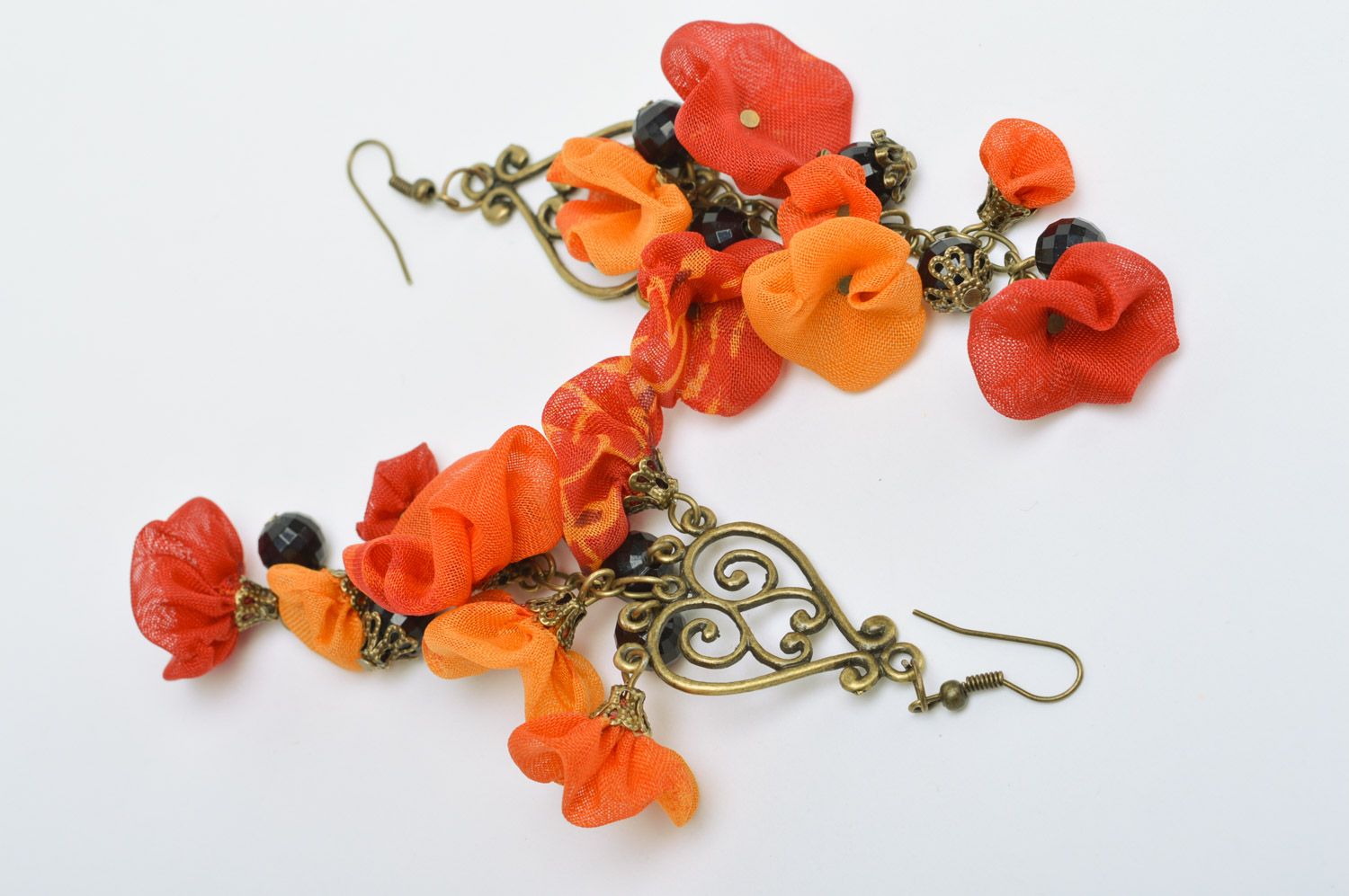 Handmade long fabric flower earrings of red and orange colors with beads photo 2