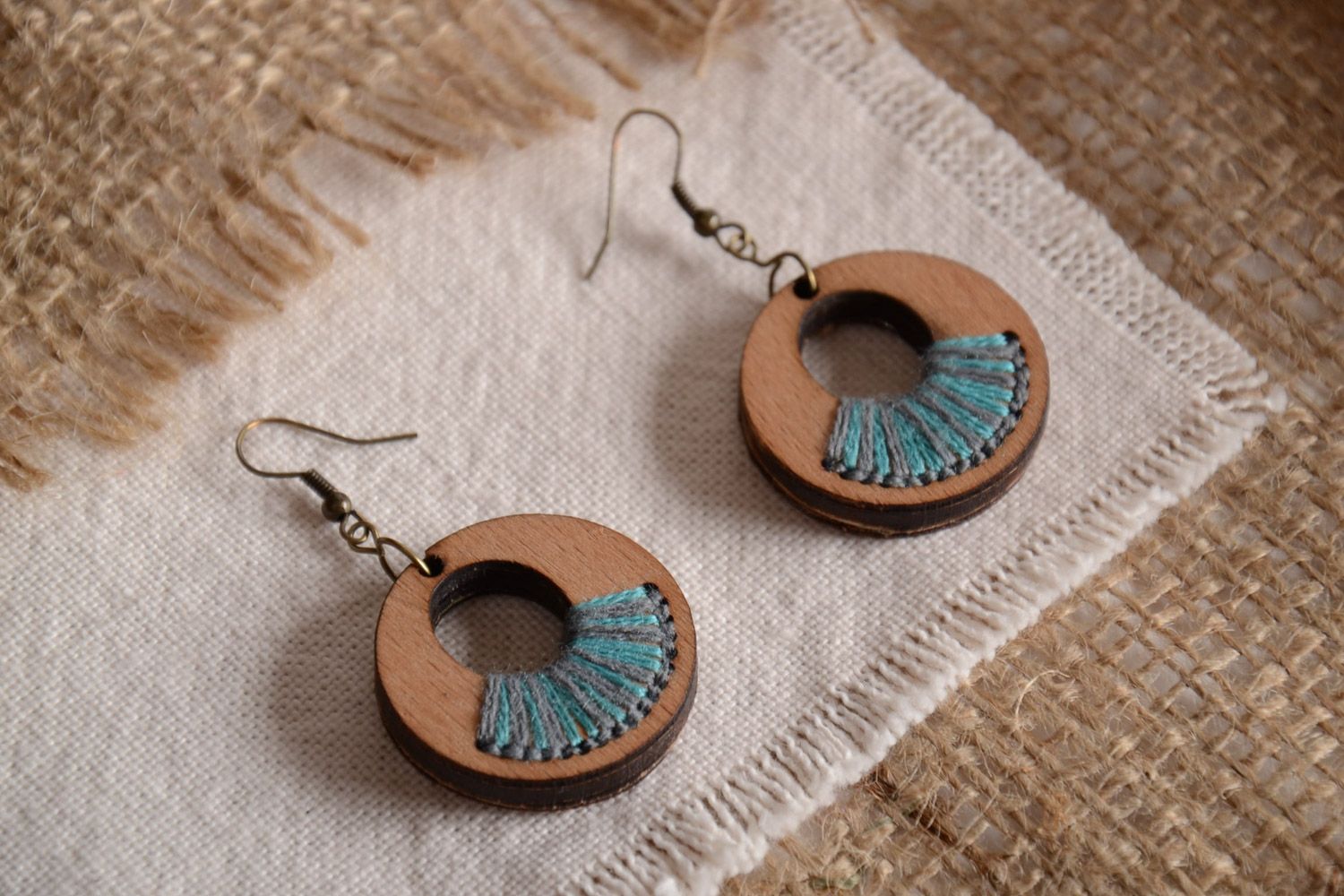 Beautiful designer women's handmade plywood earrings with embroidery photo 1