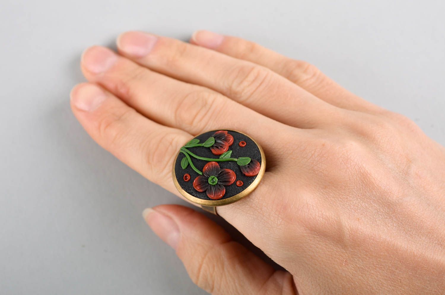 Handmade polymer clay ring round-shaped ring flower ring handmade jewelry photo 5
