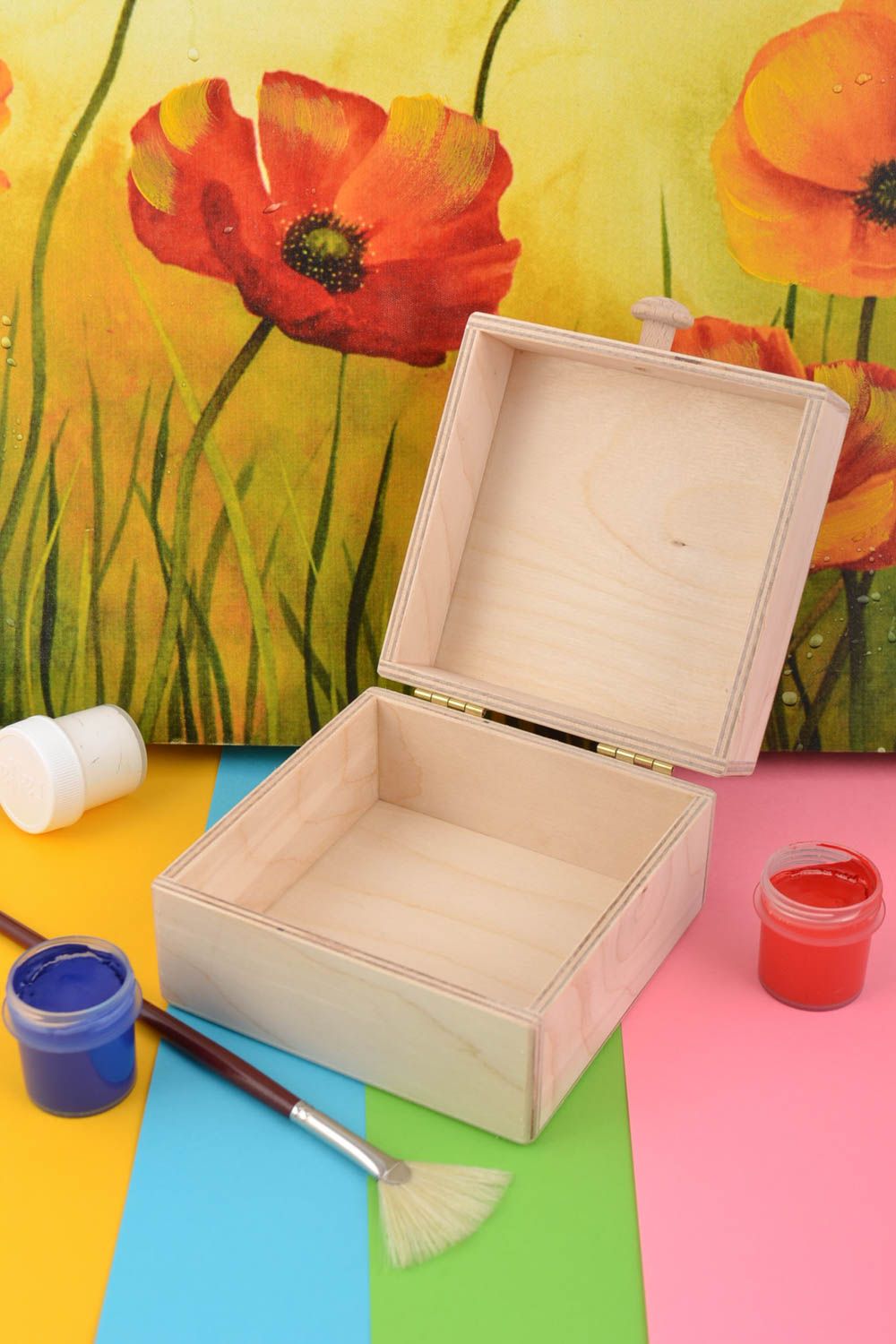 Boîte en bois brut à bijoux carrée pour peinture ou serviettage faite main photo 1