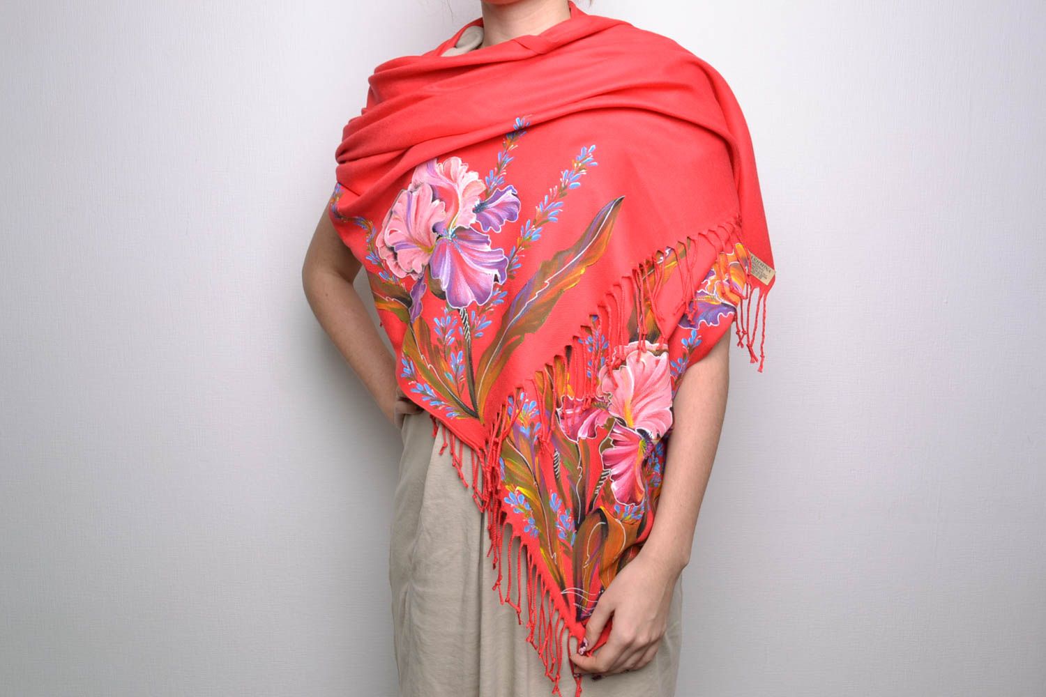 Bright cashmere scarf with painting Irises photo 1