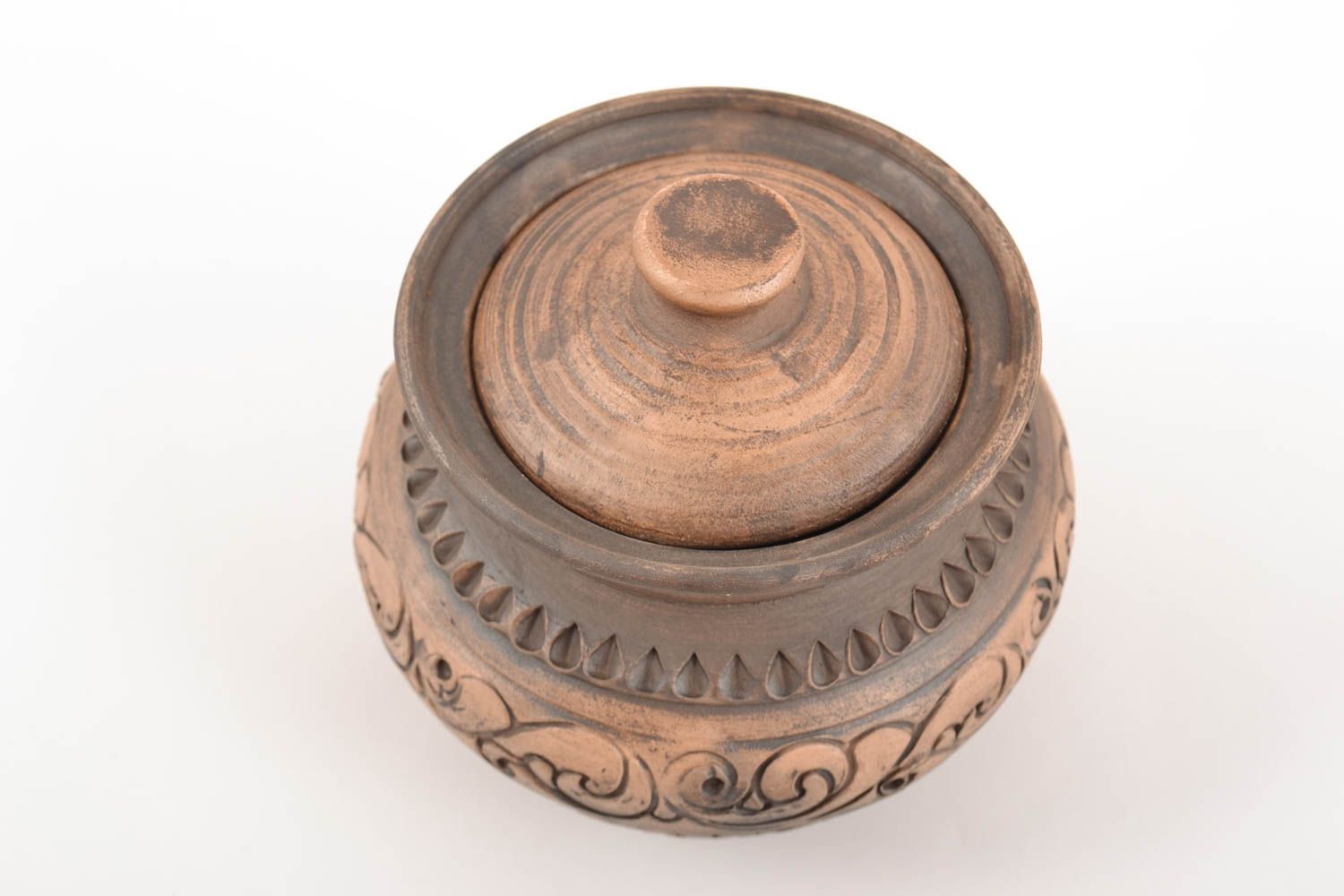 Designer ethnic ceramic pot with lid for baking handmade ornamented  photo 3