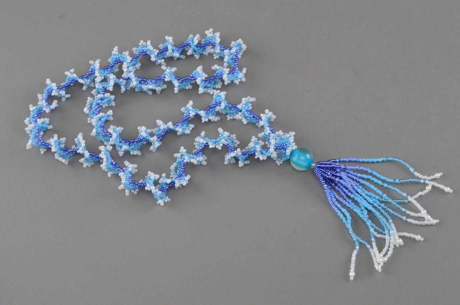 Handmade necklace beaded evening accessory white-blue jewelry foe women photo 3