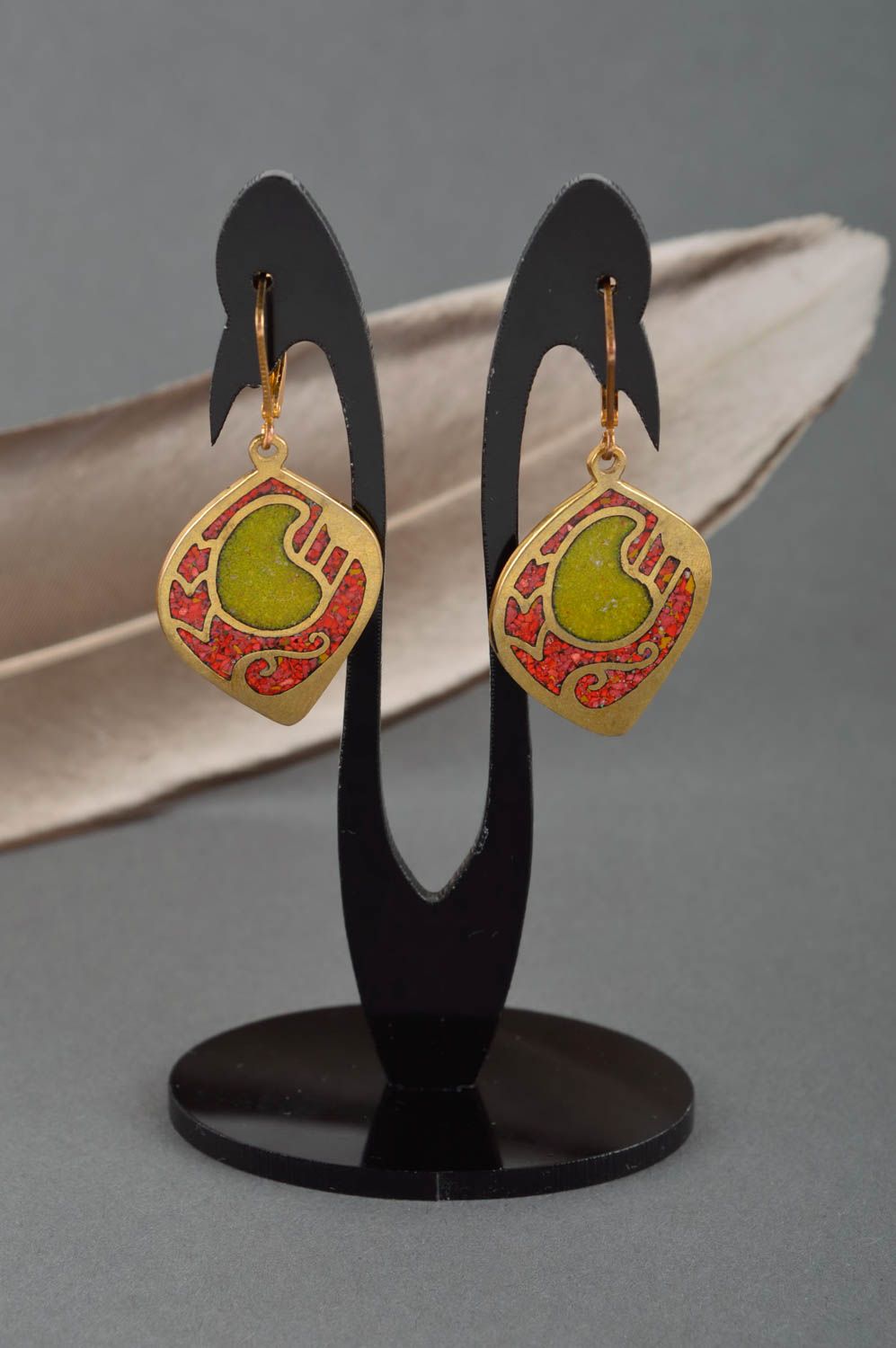 Handmade natural stone earrings bright long earrings brass accessory gift photo 1