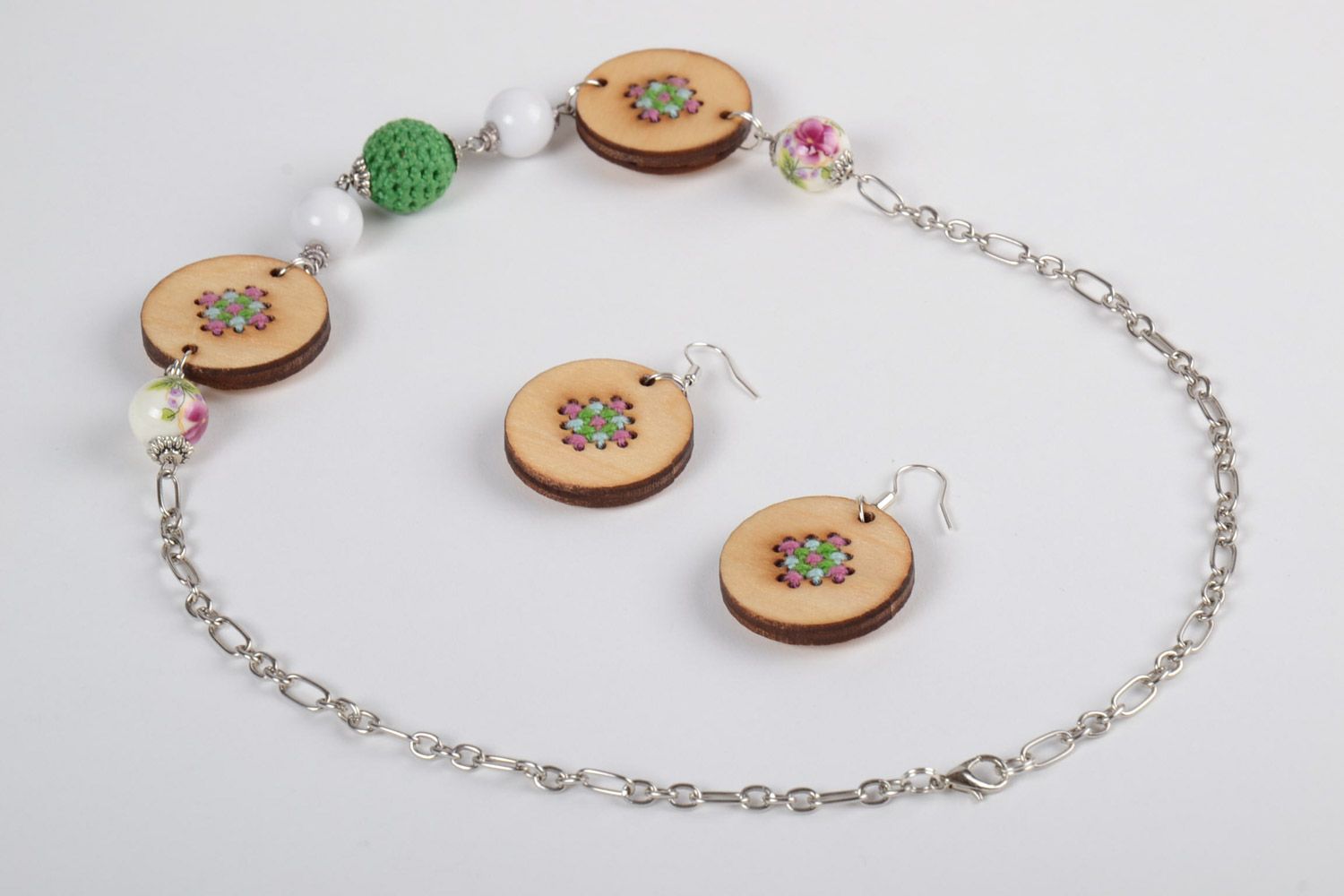 Handmade jewelery set made of plywood necklace and earrings with cross-stitch embroidery photo 4