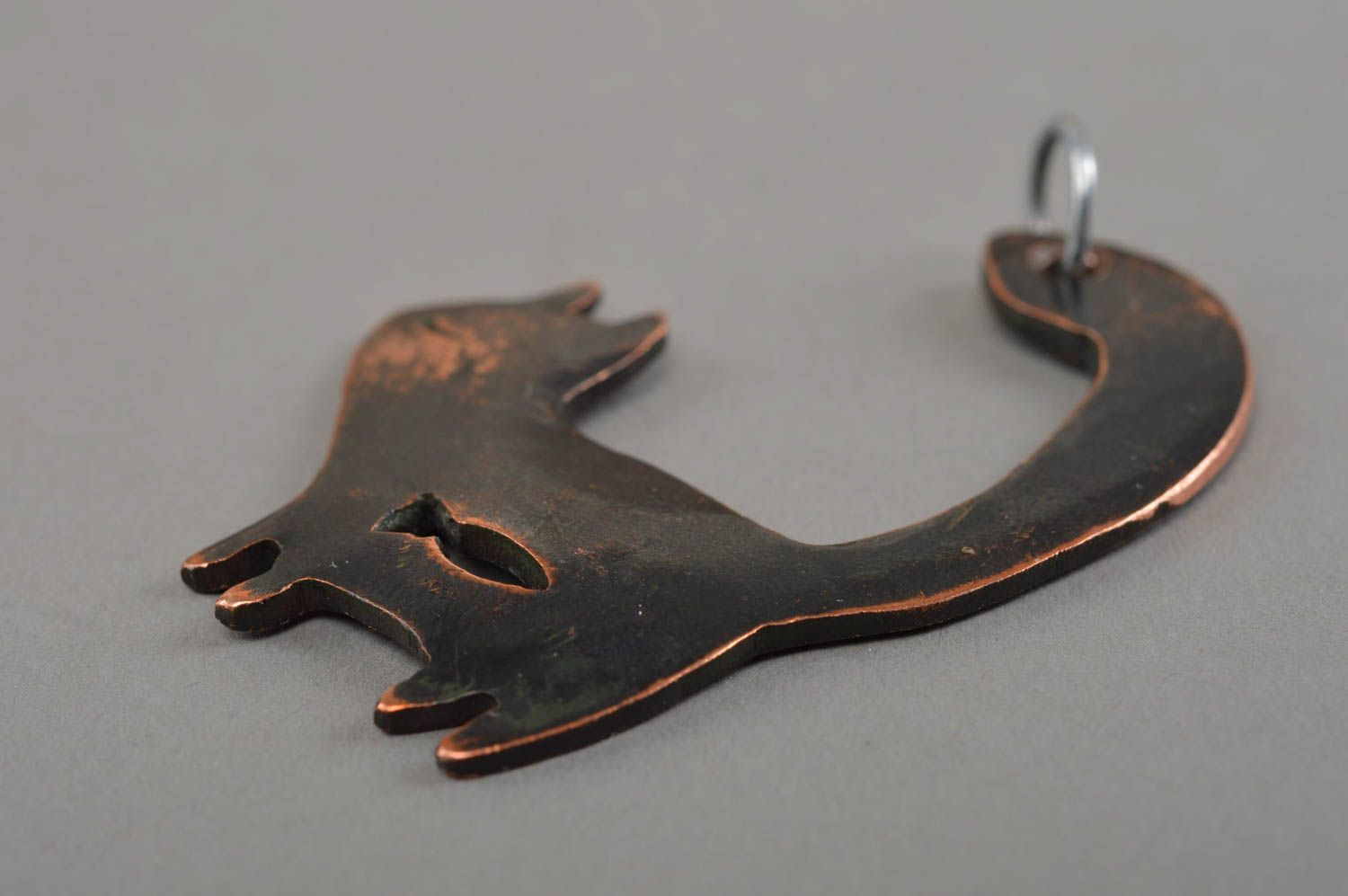 Unusual pendant made of copper using forging technique on lace in shape of cat photo 4