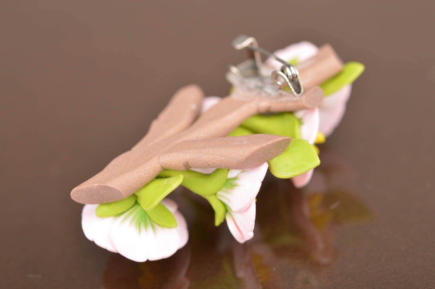 Handmade designer polymer clay brooch with tender pink tiny flowers photo 5