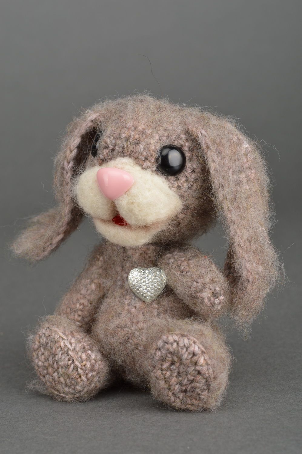 Handmade small cute soft toy crocheted of natural wool beige rabbit for children photo 2