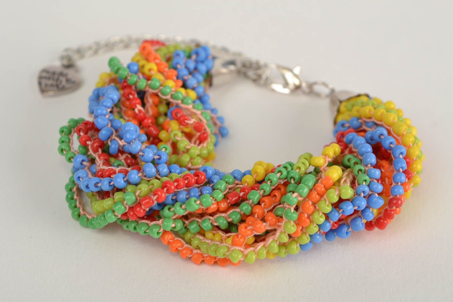 Handmade colorful wrist bracelet crocheted of cotton threads and seed beads photo 4