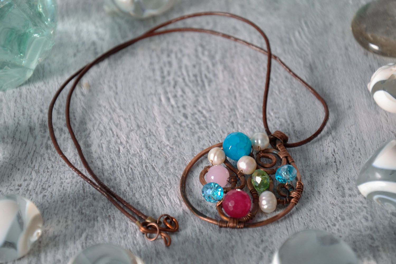 Copper pendant with natural stones photo 1