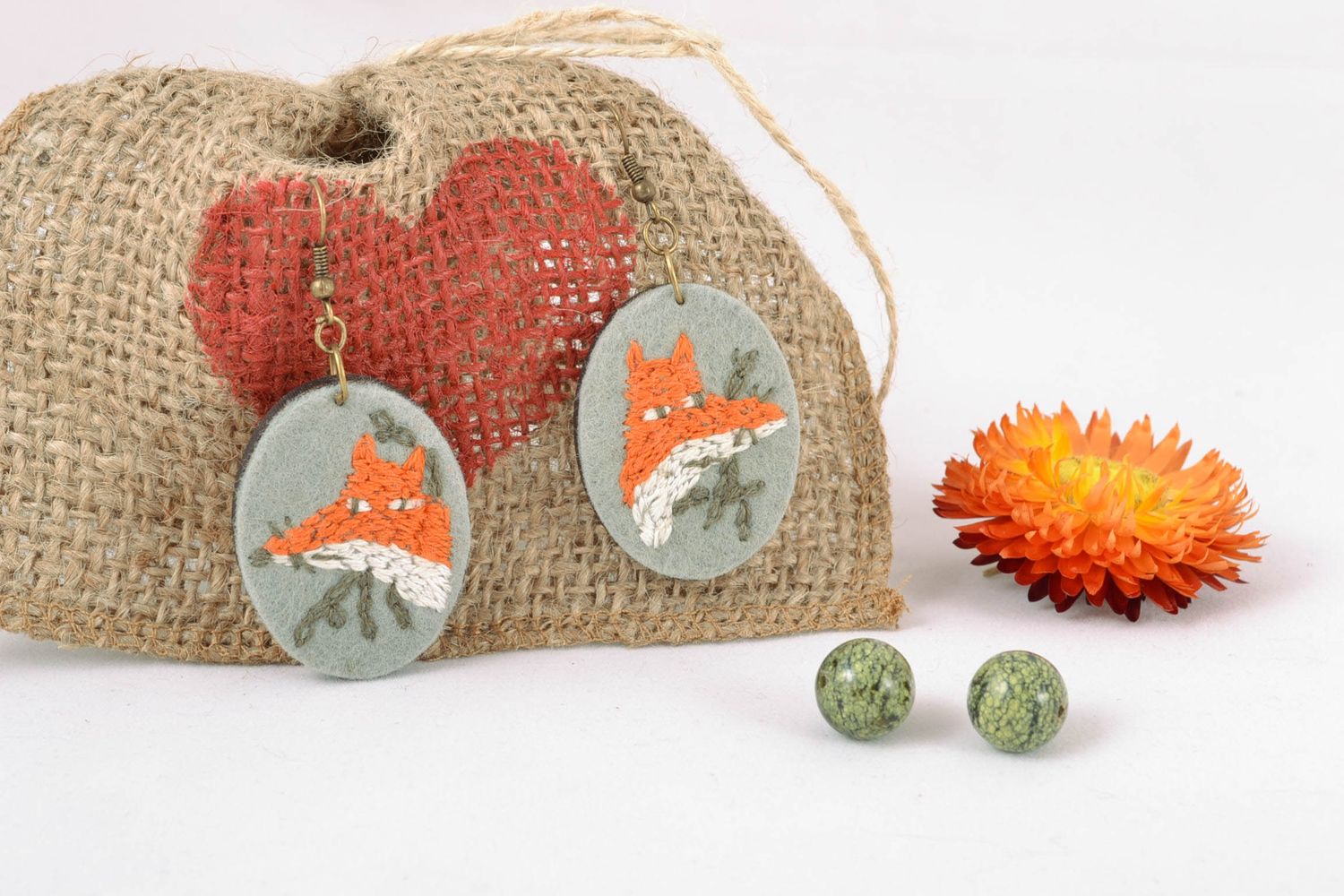 Wooden earrings with satin stitch embroidery Foxes photo 1