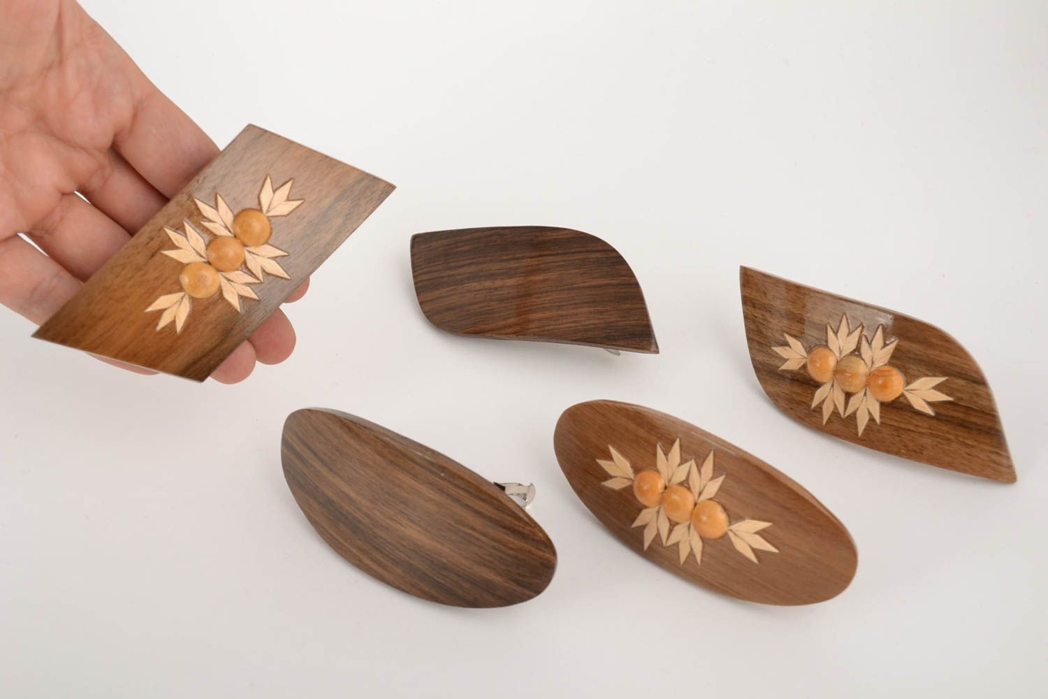 Hair jewel clips set 5 pieces Beautiful women's handmade wooden barrettes  photo 4