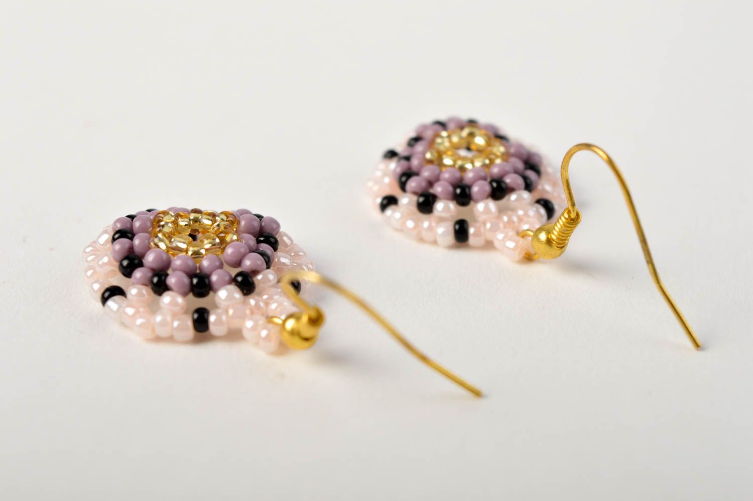 Handmade pink round earrings unusual beaded jewelry stylish massive earrings photo 3