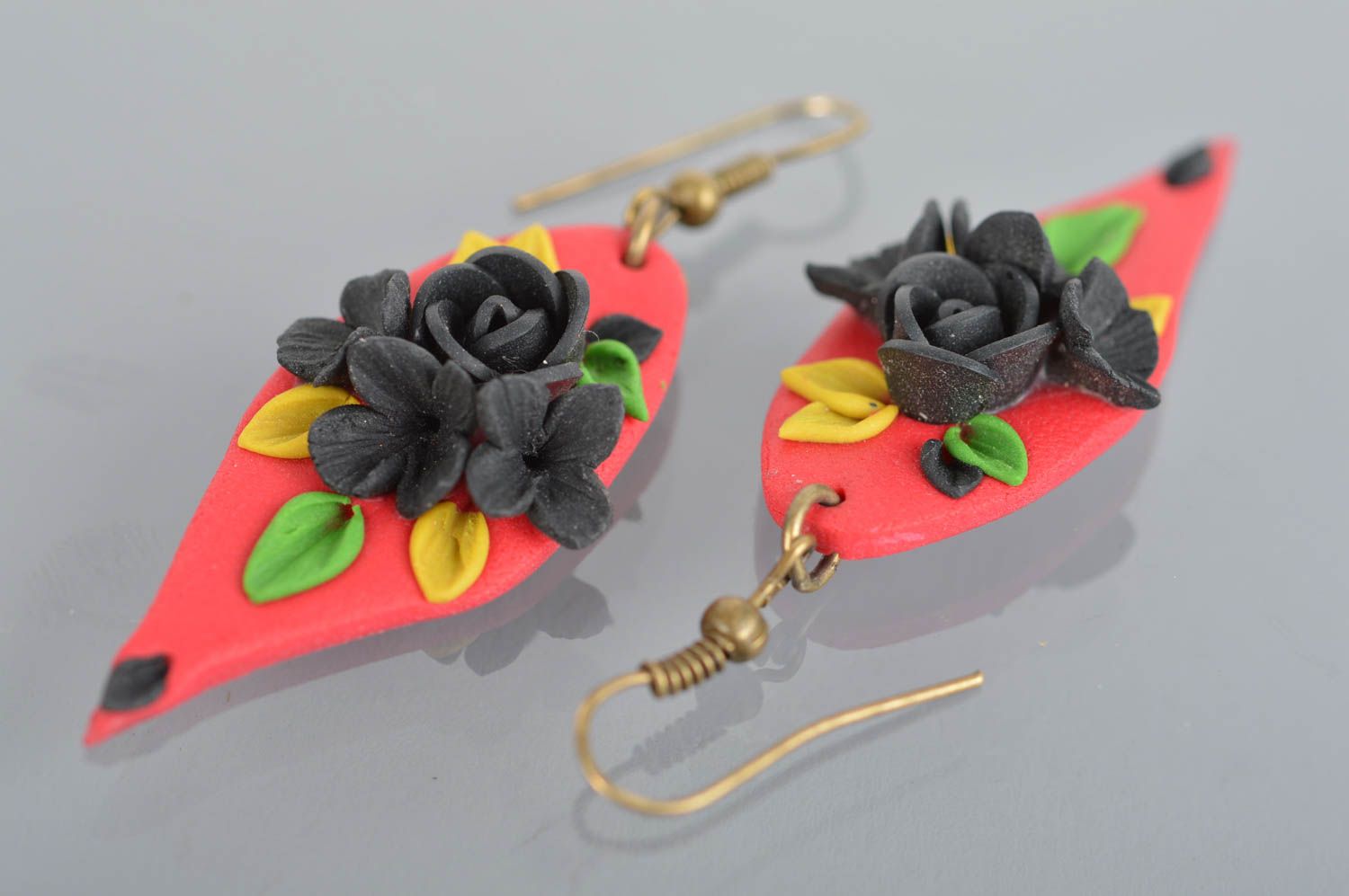 Earrings made of polymer clay handmade designer pink accessory with roses photo 5