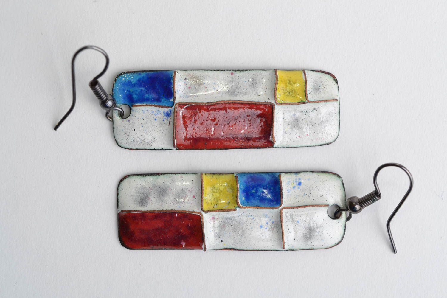 Handmade long rectangular copper earrings painted with colorful enamels Geometry photo 1
