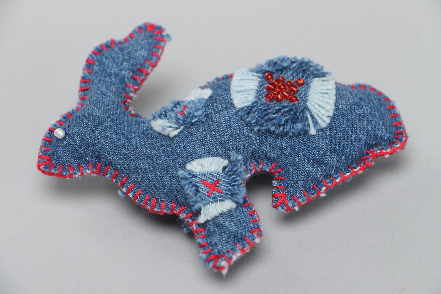 Small homemade interior flat soft toy sewn of denim fabric rabbit  photo 4