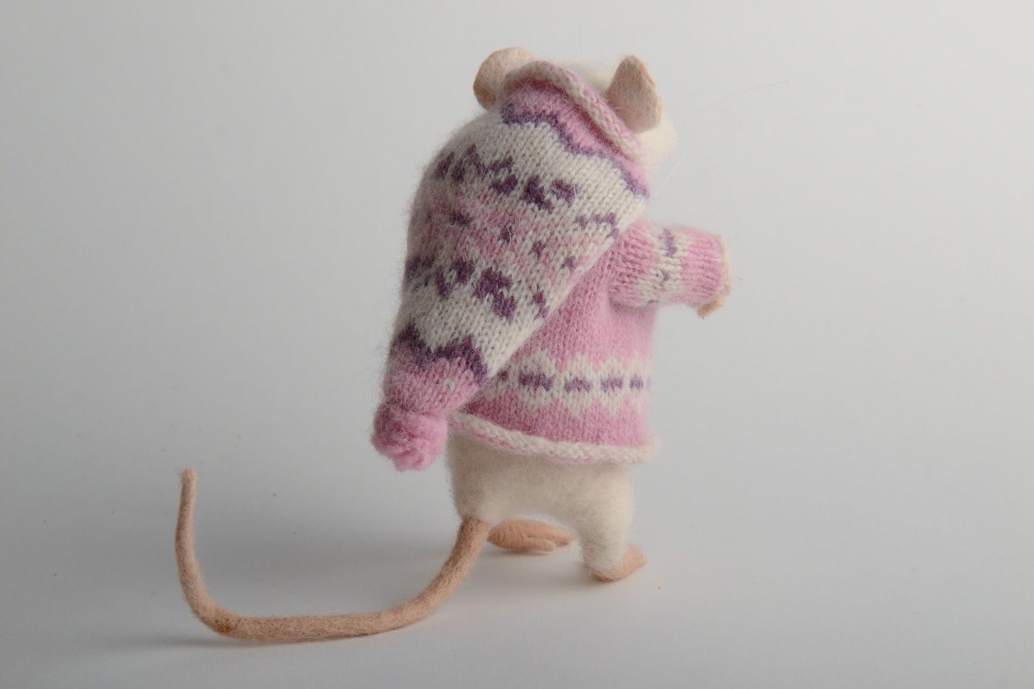 Handmade realistic soft toy felted of natural wool mouse in pink knit sweater photo 2