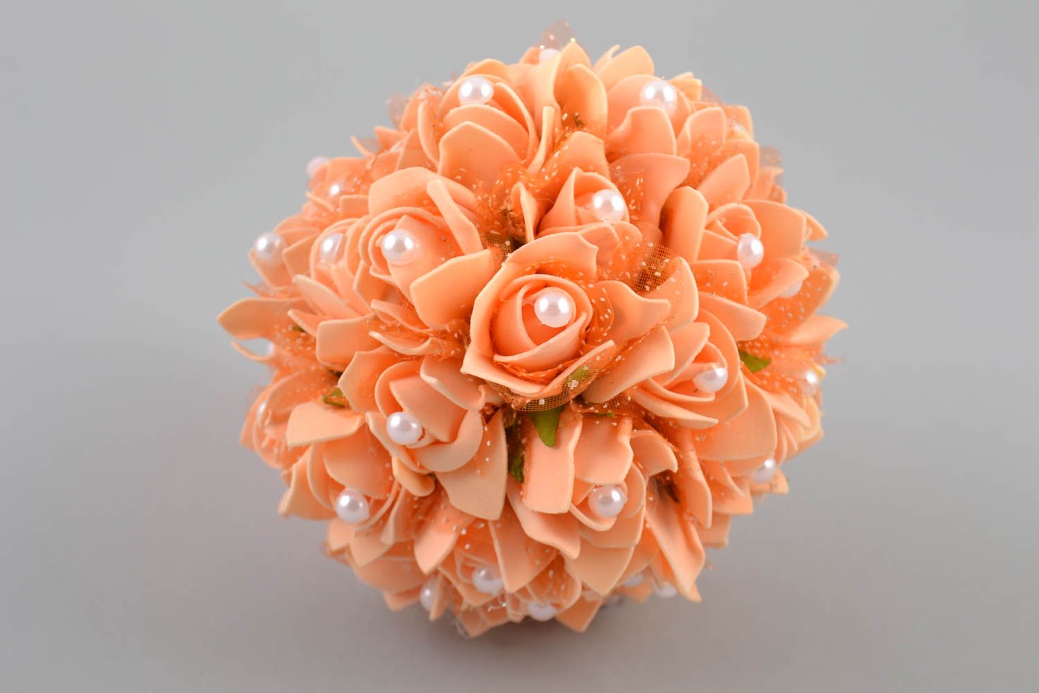 Handmade cute orange wedding bouquet made of foamiran with beads and ribbons photo 4